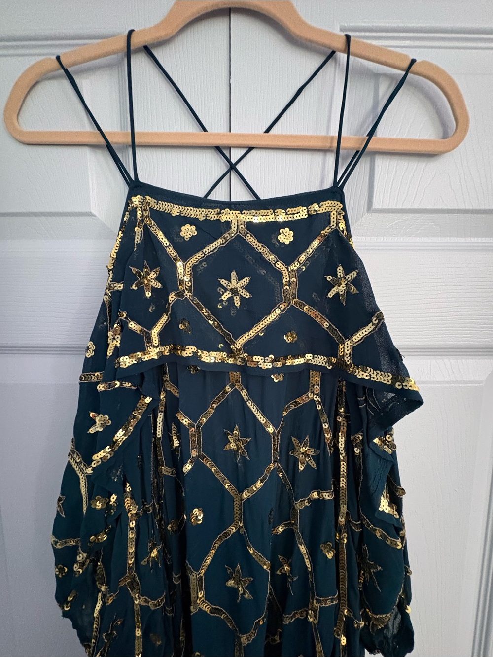 Free People Teal Chiffon Dress w Gold Starry Sequins Strappy Off-Shoulder Dress